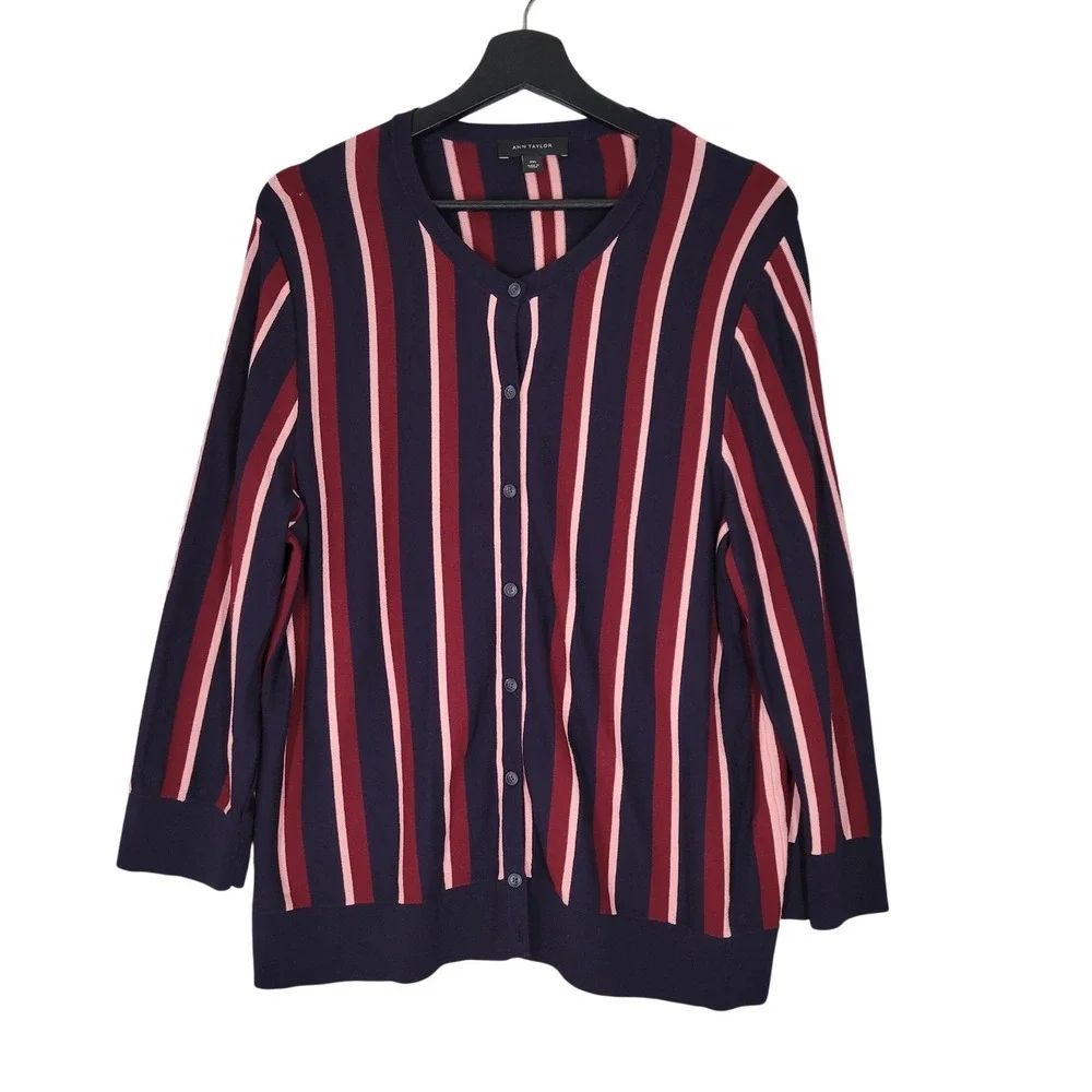Ann Taylor Cardigan Women XXL Navy Pink‎ Burgundy Stripe Button Front Career